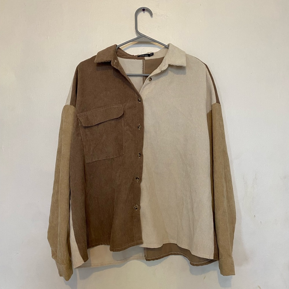 Tan Womens Oversized Color Block Cord Shirt